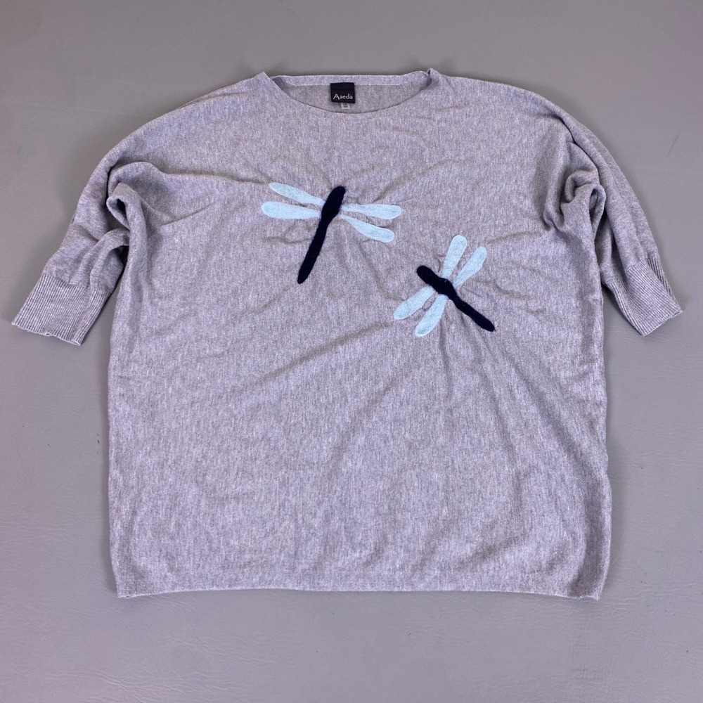 Aaeda Dragonfly Sweater Top‎ Women's 1X Heather Gray Applique 3/4 Sleeve Knit
